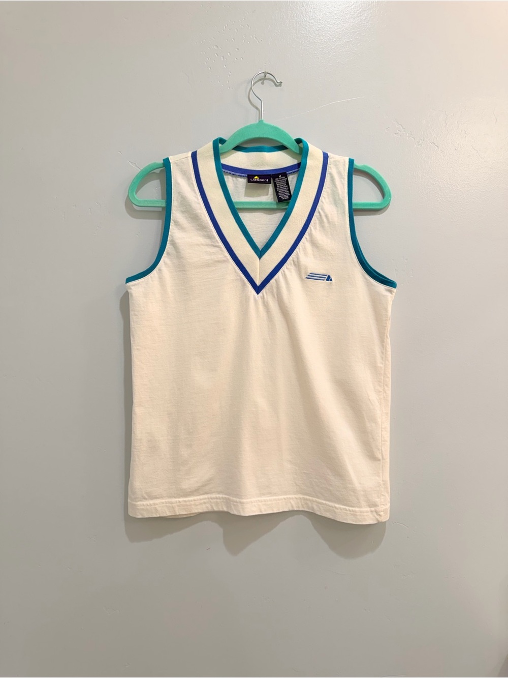 Vintage 90s Lizsport Liz Claiborne V-Neck Cotton Vest Tank Top White Blue Medium - Picture 2 of 12